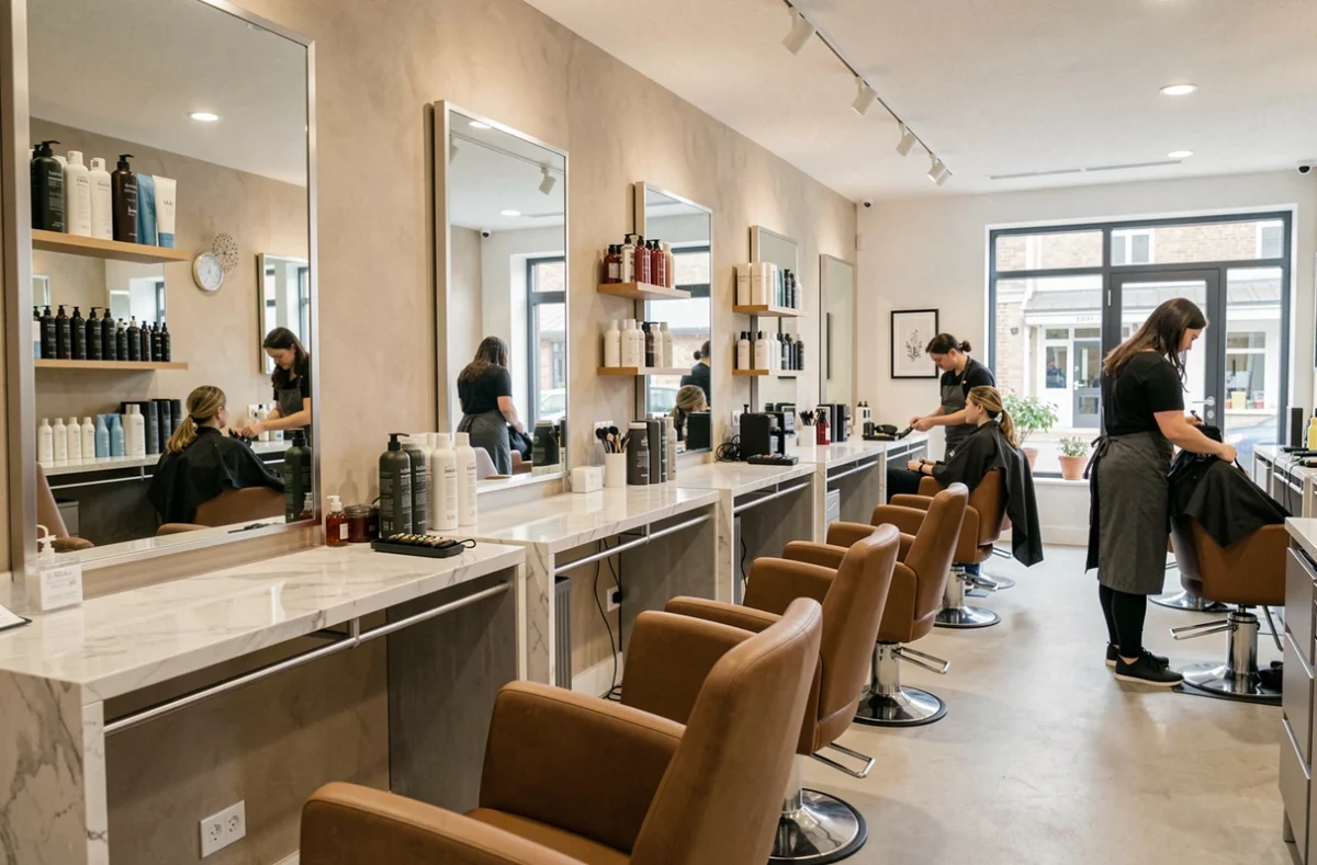 Intérieur d'un salon de coiffure moderne dans les Yvelines avec des coiffeurs au travail