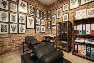 Intérieur d'un salon de tatouage professionnel en Centre-Val de Loire avec chaise en cuir noir, murs couverts de flash tattoo encadrés et flacons d'encre colorés