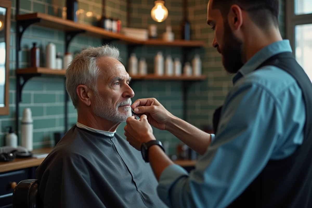 Barbier mesurant la longueur des cheveux d'un homme âgé dans un salon de coiffure classique