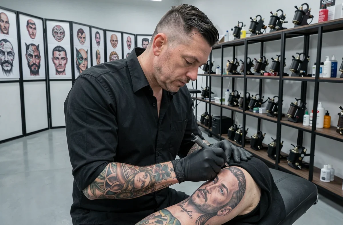 Noska, tatoueur chez Enygma à Chartres, réalisant un tatouage réaliste portrait sur le bras d'un client dans un studio contemporain épuré avec parquet en époxy et panneaux portfolio
