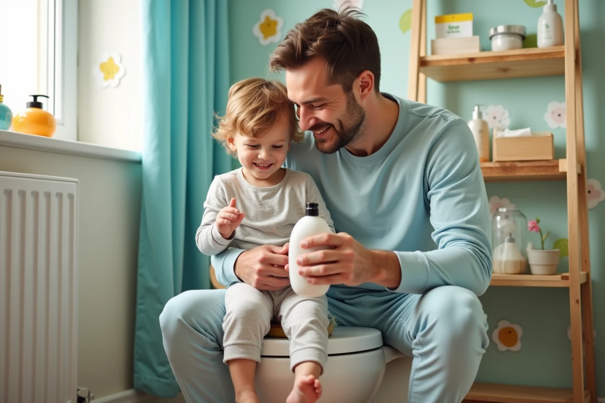 Père et jeune garçon lisant une étiquette de shampooing dans la salle de bain