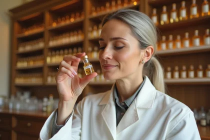 Parfumeuse experte tenant un flacon de parfum précieux dans un laboratoire de haute parfumerie