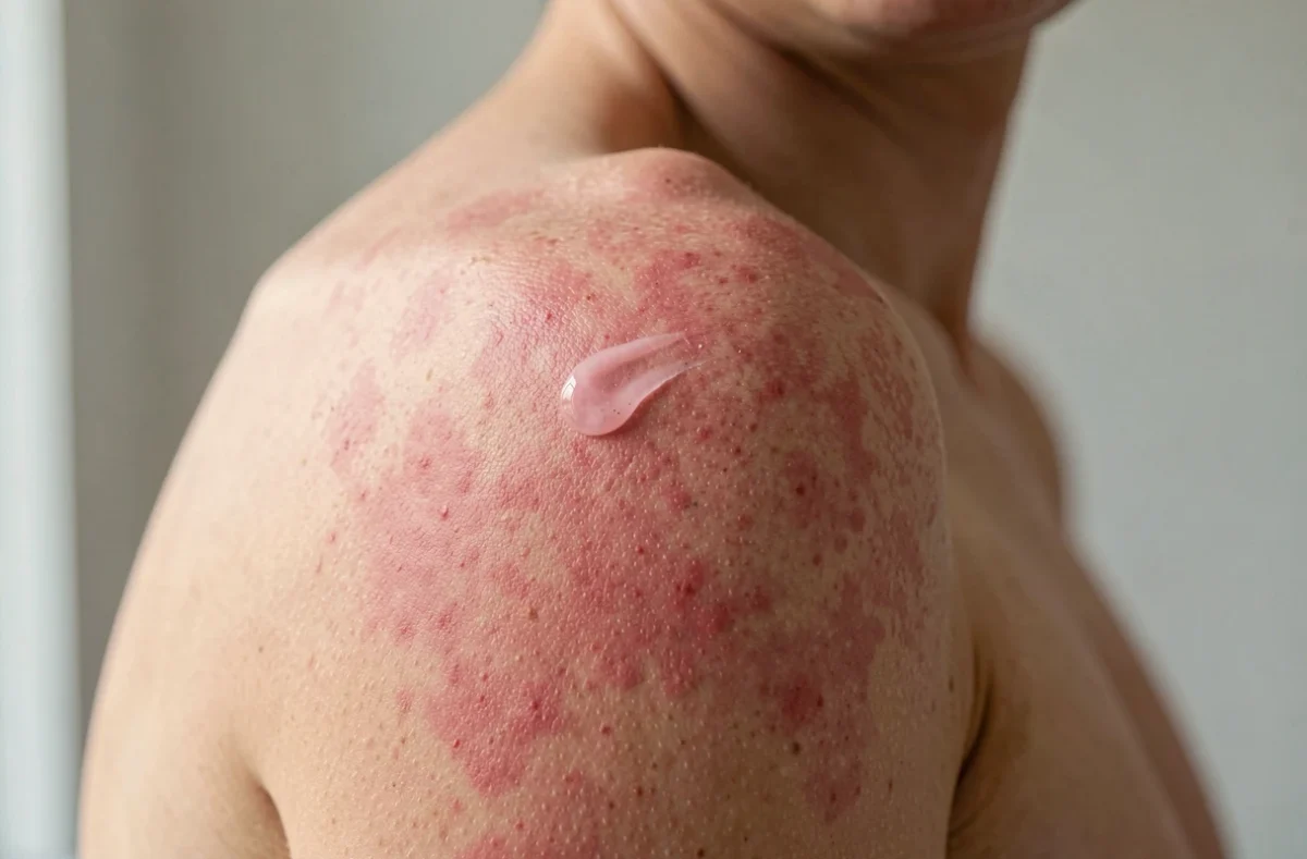 Peau d'une épaule légèrement rougie après application d'un gel