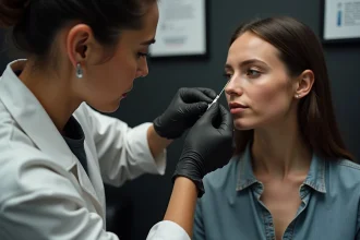Perceur professionnel réalisant un piercing du cartilage supérieur de l'oreille dans un studio spécialisé avec du matériel stérile