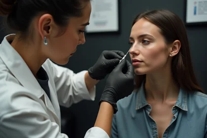 Perceur professionnel réalisant un piercing du cartilage supérieur de l'oreille dans un studio spécialisé avec du matériel stérile