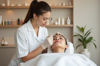 Esthéticienne réalisant une technique de pinchage facial sur une cliente détendue en institut de beauté