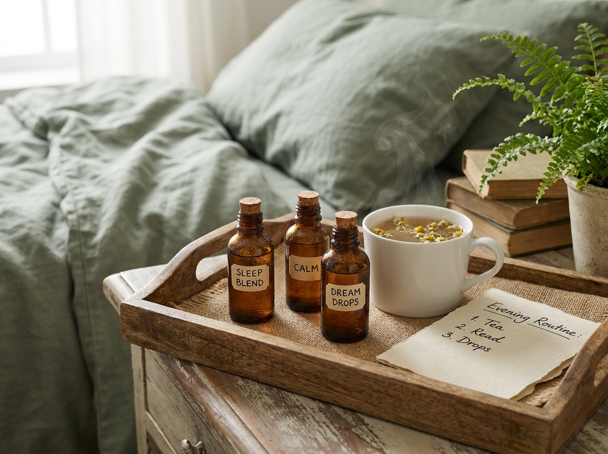 Plateau en bois avec des remèdes homéopathiques et une tisane pour améliorer la qualité du sommeil