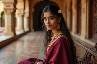 Portrait réaliste d'une jeune femme indienne en sari bordeaux dans une cour rajasthanie traditionnelle