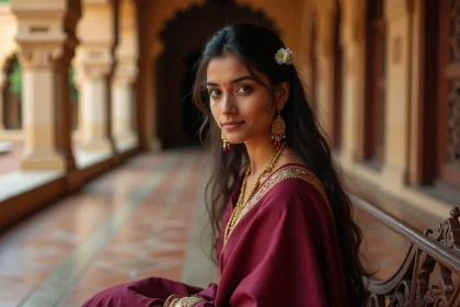 Portrait réaliste d'une jeune femme indienne en sari bordeaux dans une cour rajasthanie traditionnelle