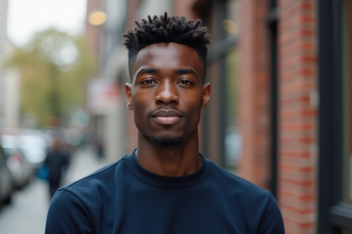 Portrait d'un homme avec un fade tapered bas et un contour net, prise de vue en extérieur urbain