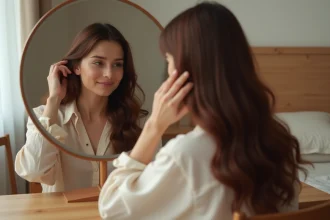 Femme dans la trentaine mesurant la pousse de ses cheveux devant un miroir en bois