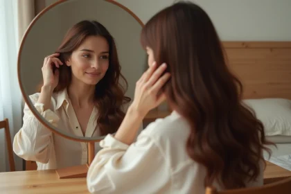 Femme dans la trentaine mesurant la pousse de ses cheveux devant un miroir en bois