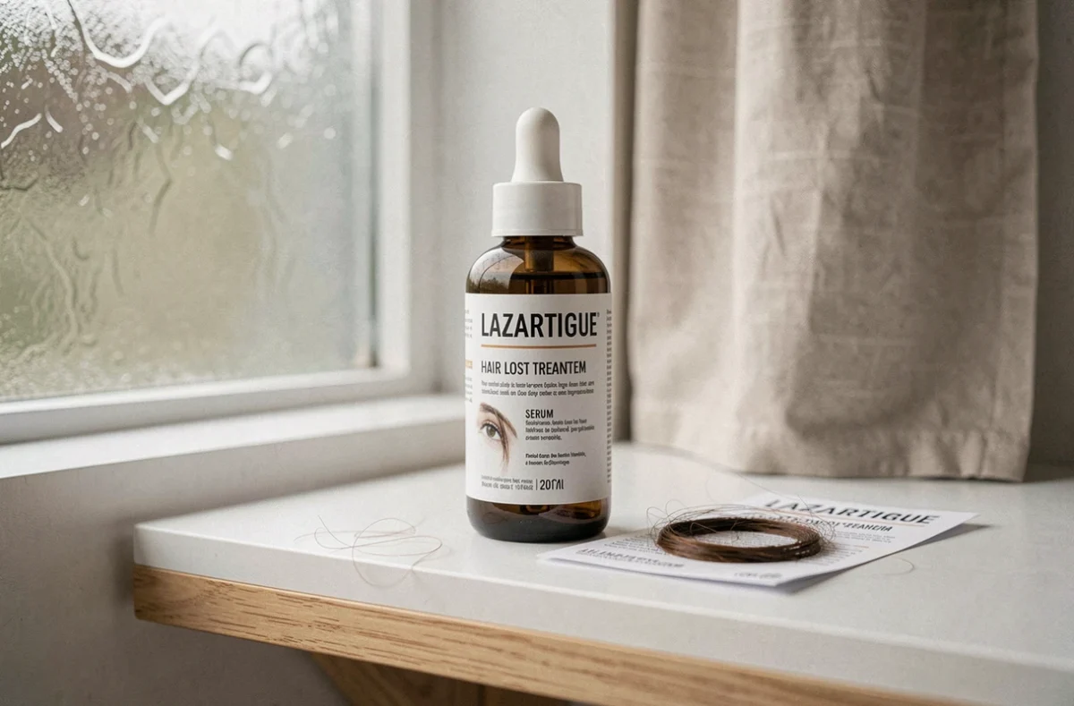 Flacon de sérum Lazartigue contre la chute de cheveux posé sur une étagère avec une notice produit, représentant l'analyse critique d'un produit capillaire