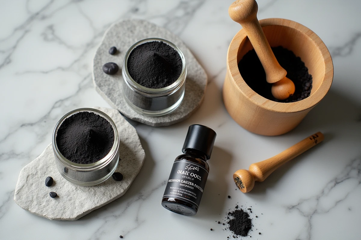 Assortiment de produits de khôl naturel sans plomb disposés sur du marbre avec applicateurs en bois et ingrédients végétaux