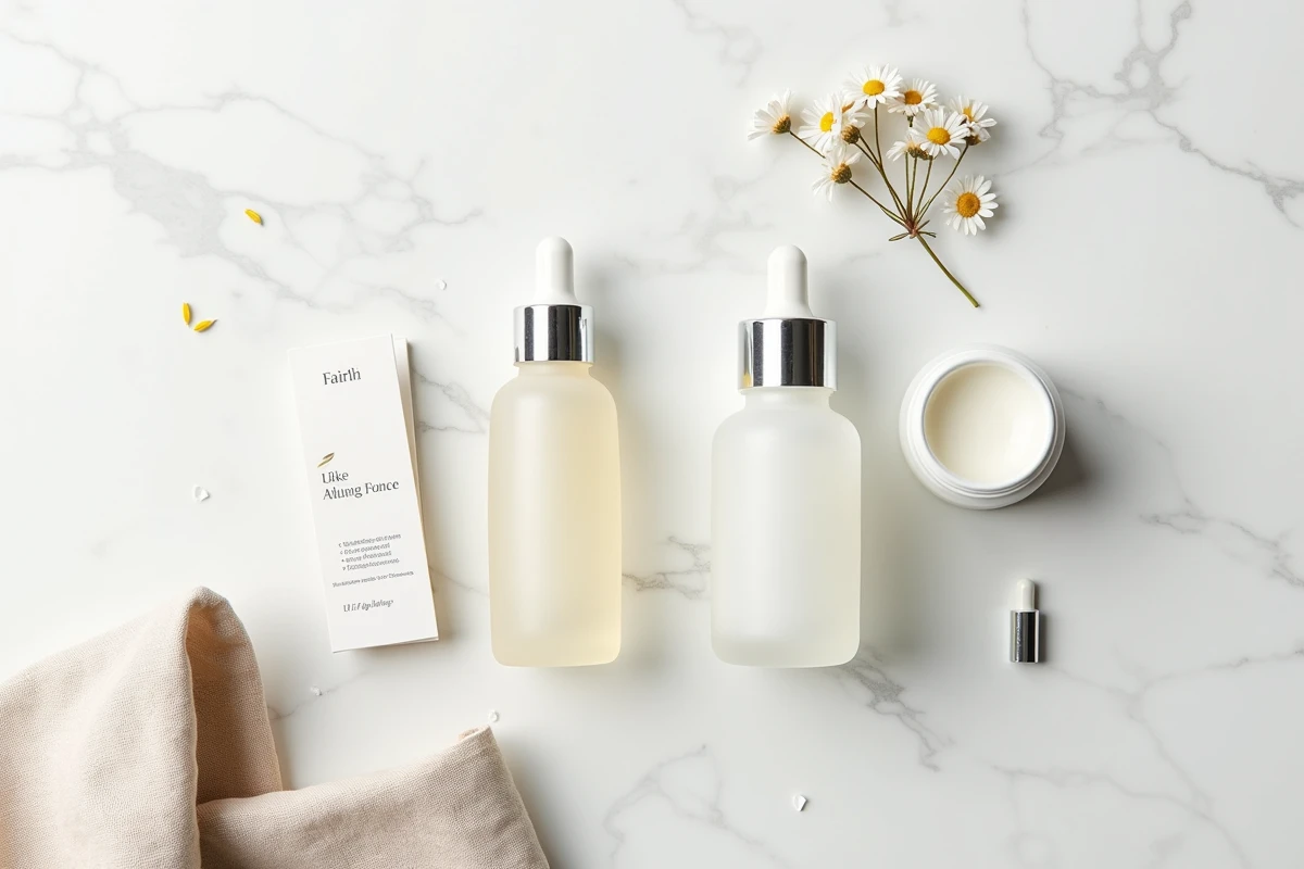Présentation des produits de soin Rovea Skin en flat lay sur marbre blanc pour un article beauté anti-âge