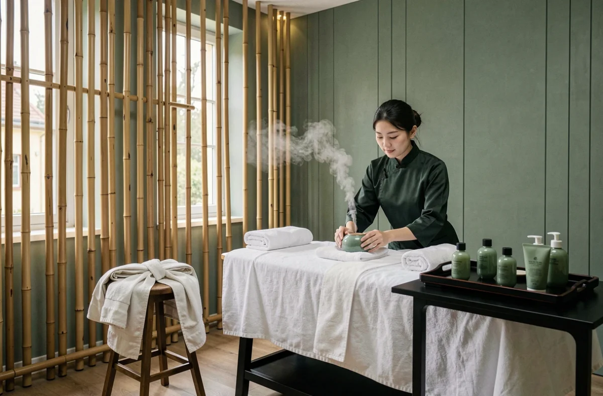 Salle de soin d'inspiration asiatique chez QIPAO à Strasbourg, avec accents en bambou, robe en soie et flacon en jade posés sur un plateau laqué