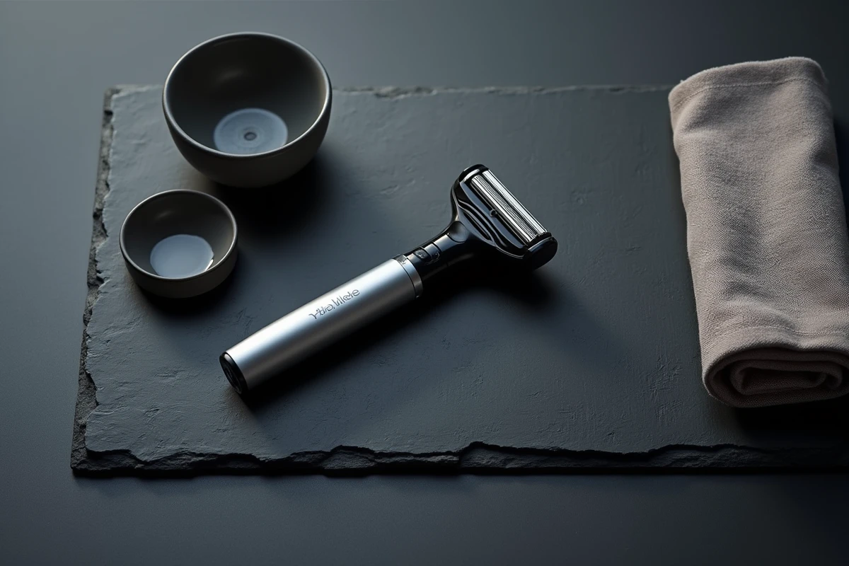 Rasoir électrique Gillette haut de gamme posé sur une surface en ardoise avec des accessoires de rasage
