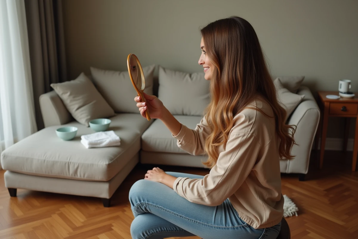 Femme admirant le résultat de ses mèches blondes et brunes faites maison dans un miroir dans un salon cosy