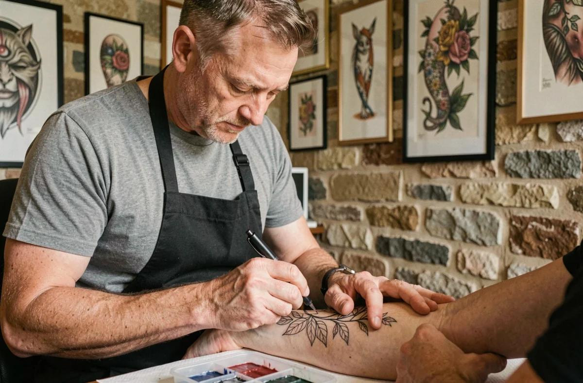 Tatoueur professionnel au Salon Art Tattoo de La Châtre appliquant un tatouage botanique fin sur l'avant-bras d'un client dans un studio au décor chaleureux