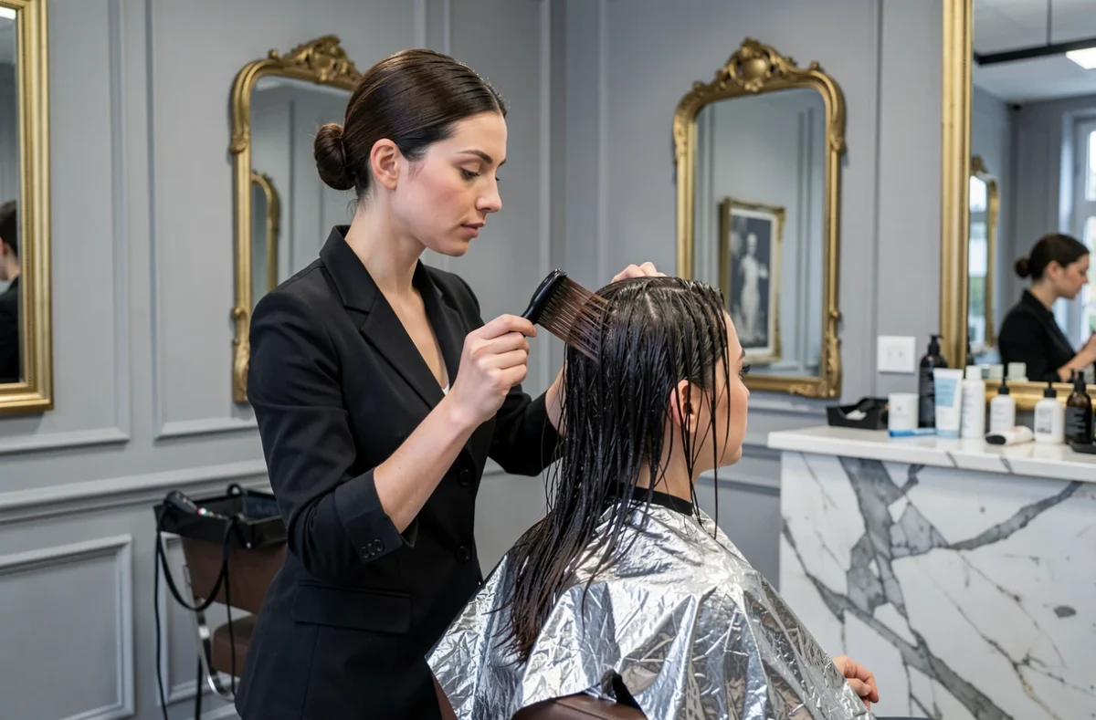Styliste de Satory Coiffure à Versailles appliquant une coloration sur une cliente