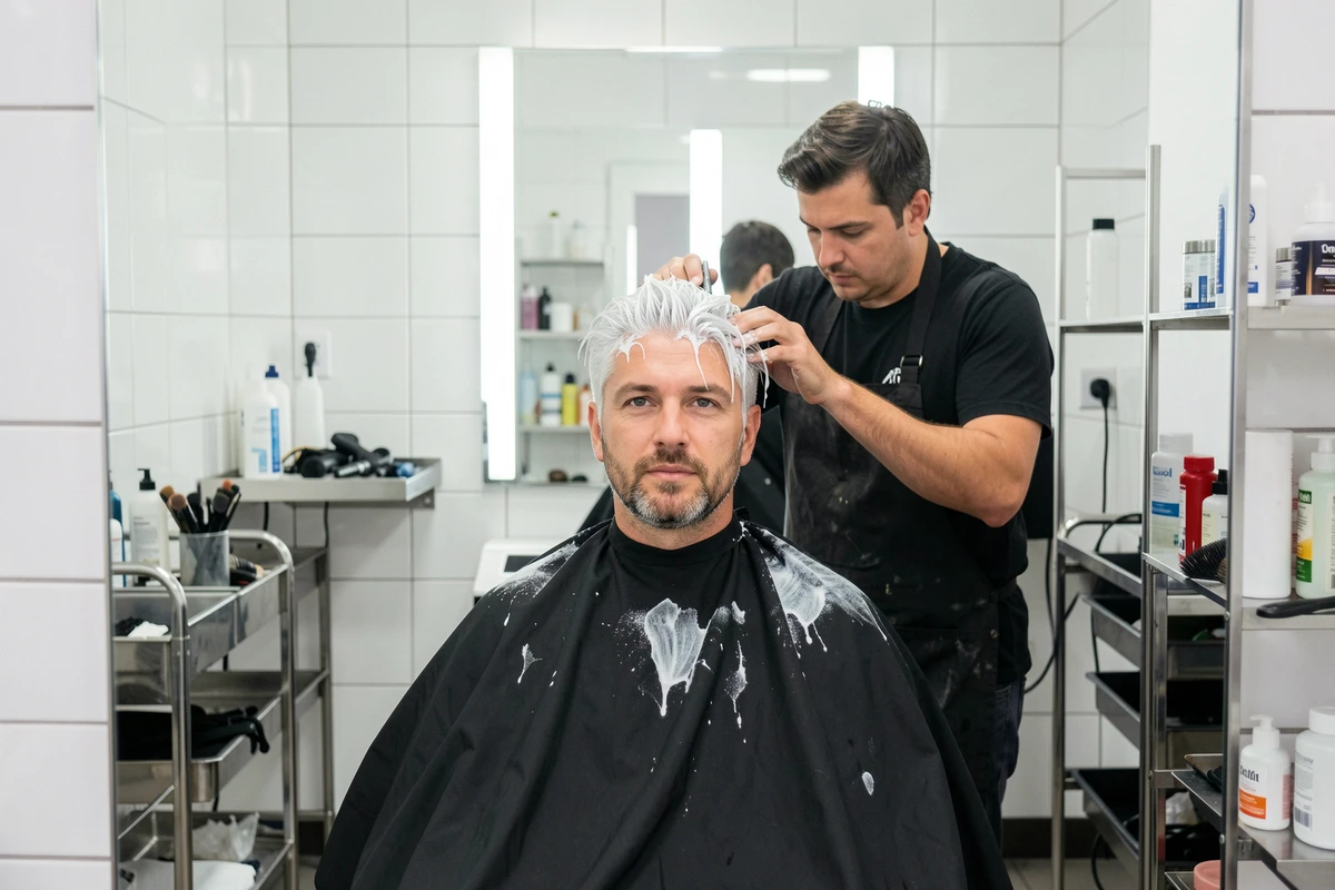 Homme en séance de coloration cheveux blanc platine chez le coiffeur, reflet dans le miroir avec coiffeur professionnel au travail