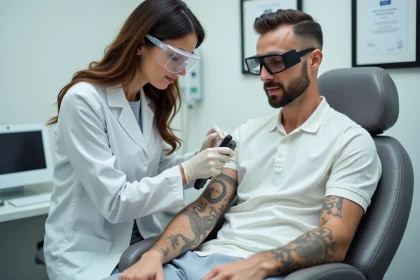 Séance de détatouage laser professionnelle dans un studio esthétique parisien, praticienne appliquant un laser sur le bras d'un client