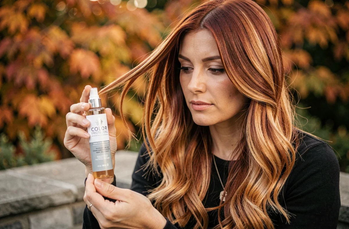 Femme tenant un sérum protecteur couleur et inspectant ses mèches balayage roux cuivré en extérieur avec un fond de feuillage automnal