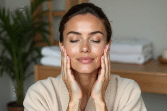 Femme en robe beige effectuant un drainage lymphatique visage