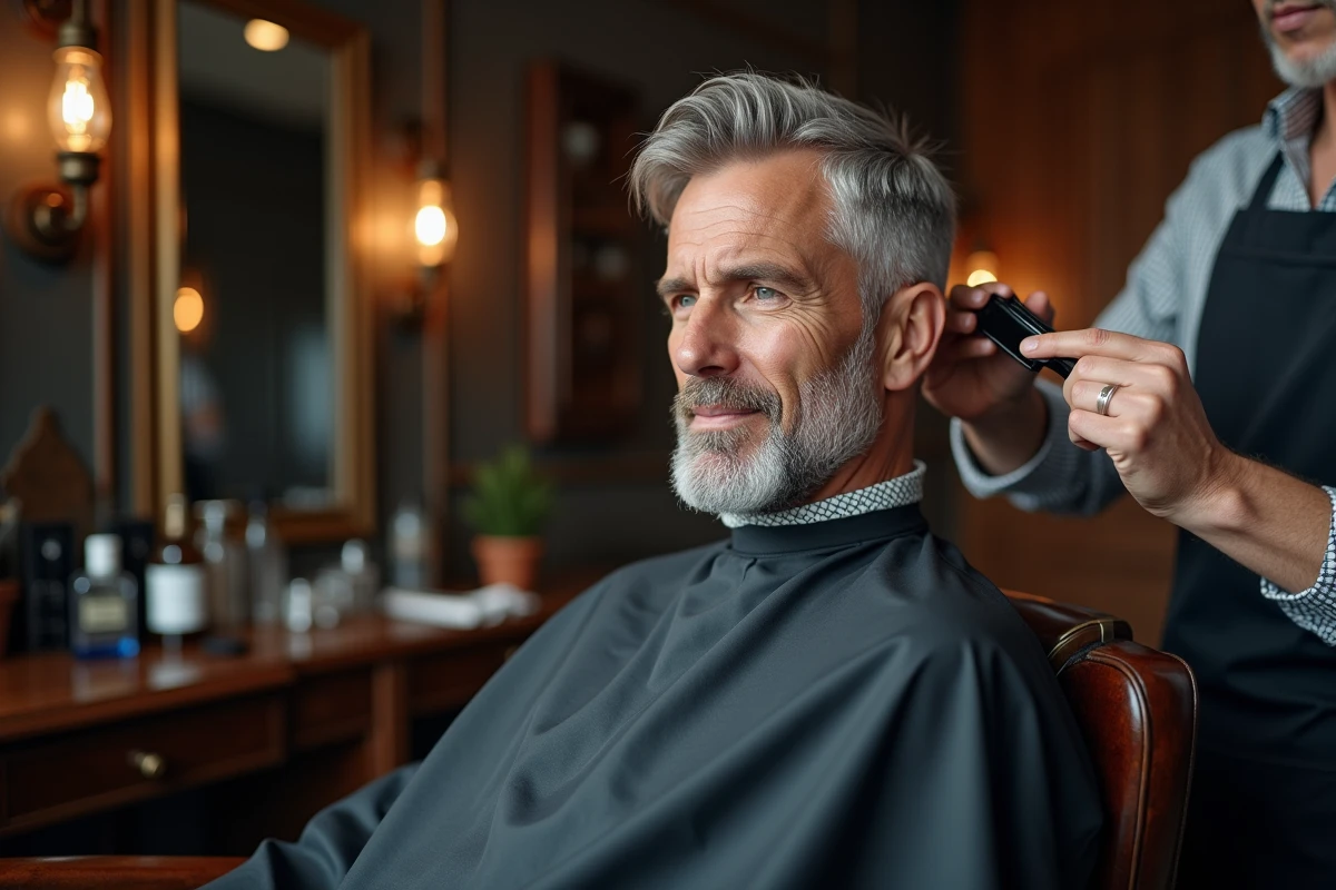 Coiffeur appliquant un soin colorant anti-jaunissement sur les cheveux gris d'un homme dans un salon de coiffure classique