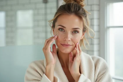 Femme appliquant un soin halcare sur le visage dans une salle de bain minimaliste