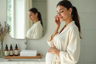 Femme enceinte appliquant une crème visage dans une salle de bain en marbre blanc, rituel soin cocooning pour future maman