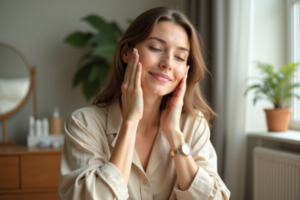 Femme d'âge moyen appliquant soin visage dans un cadre apaisant