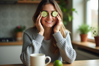 Femme appliquant un concombre sous les yeux pour un soin naturel