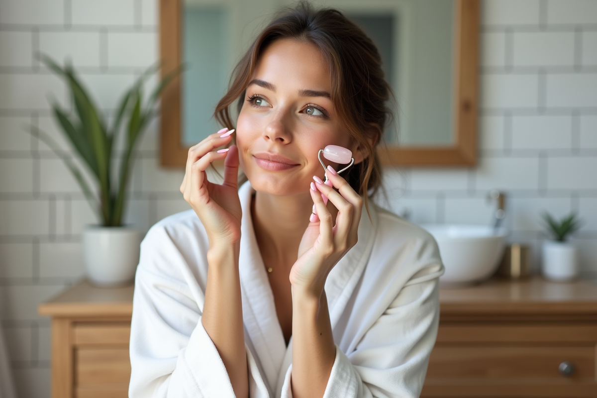 Femme utilisant un rouleau de quartz rose pour le visage