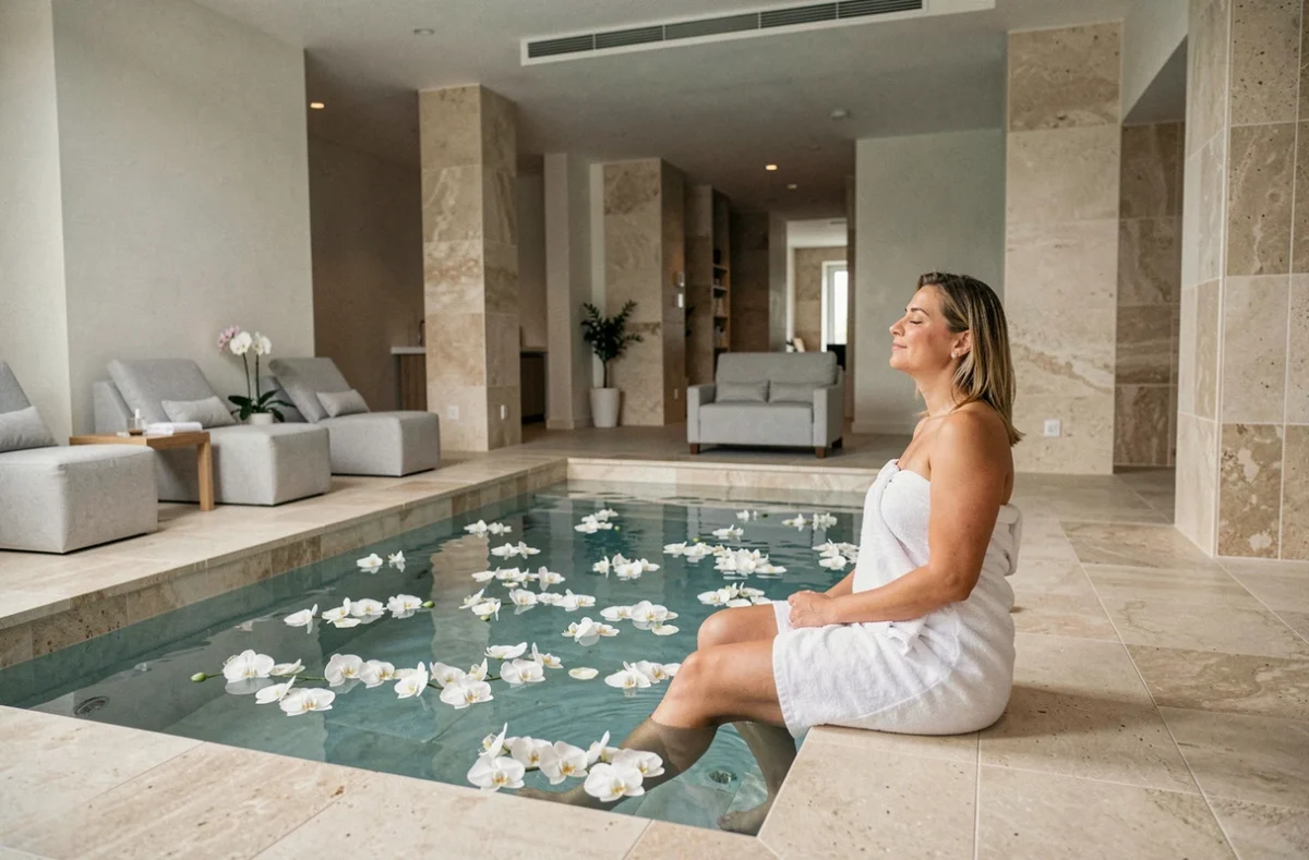 Cliente détendue au bord d'un bassin intérieur aux orchidées flottantes dans l'espace spa raffiné de Body Minute à Metz, avec carrelage en pierre et mobilier minimaliste
