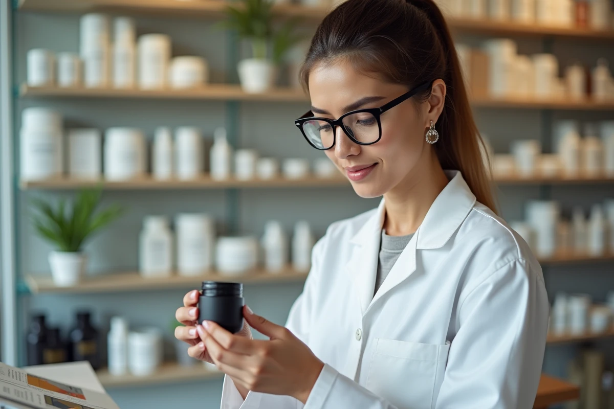 Spécialiste en beauté examinant l'étiquette d'un khôl naturel sans plomb en pharmacie avec rayons de cosmétiques naturels en arrière-plan