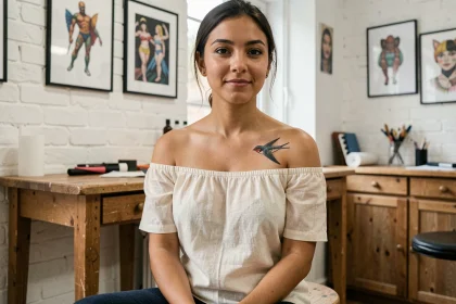 Jeune femme avec un tatouage hirondelle sur la clavicule dans un studio de tatouage parisien
