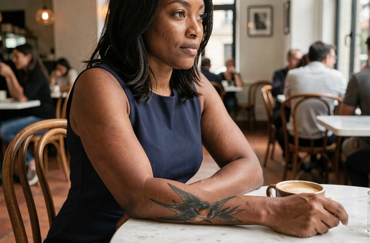 Femme avec un tatouage hirondelle sur l'avant-bras dans un café parisien moderne
