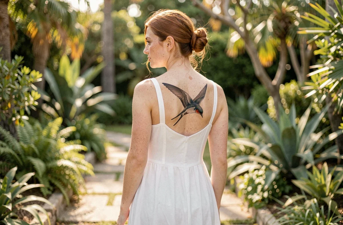 Femme avec un tatouage hirondelle dans le dos en plein air dans un jardin botanique