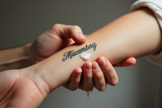Poignet avec tatouage nom en soin sous lumière douce