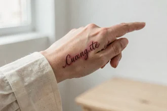 Tatouage prénom en écriture cursive sur le côté d'un doigt de femme, en cours de cicatrisation