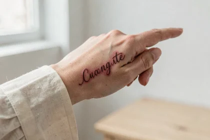 Tatouage prénom en écriture cursive sur le côté d'un doigt de femme, en cours de cicatrisation
