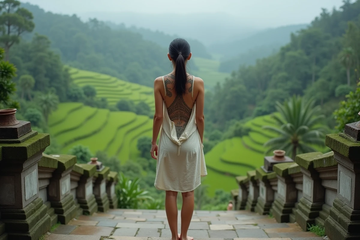 Femme avec un tatouage Sak Yant bouddhiste sur le dos vue de dos devant des rizières en terrasses à Bali