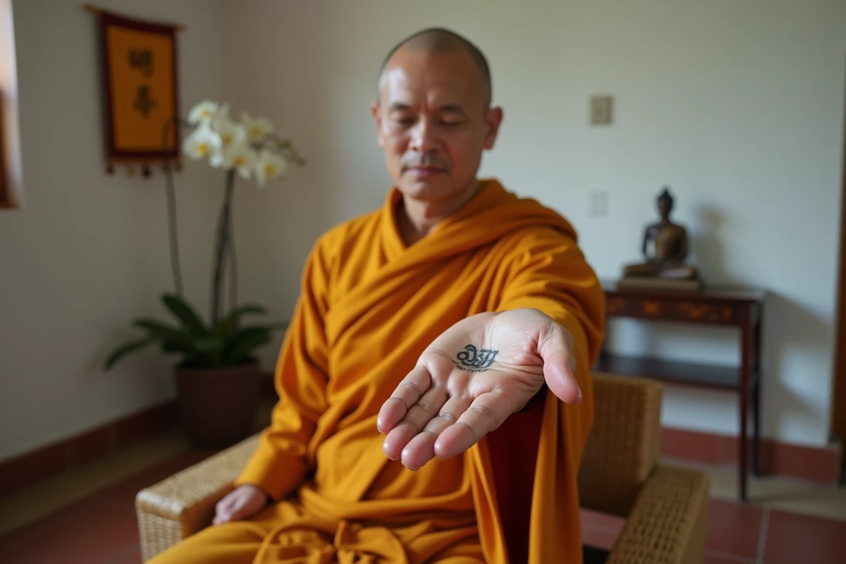 Moine bouddhiste montrant un tatouage sanskrit Om Mani Padme Hum sur la paume et les doigts dans une salle de méditation