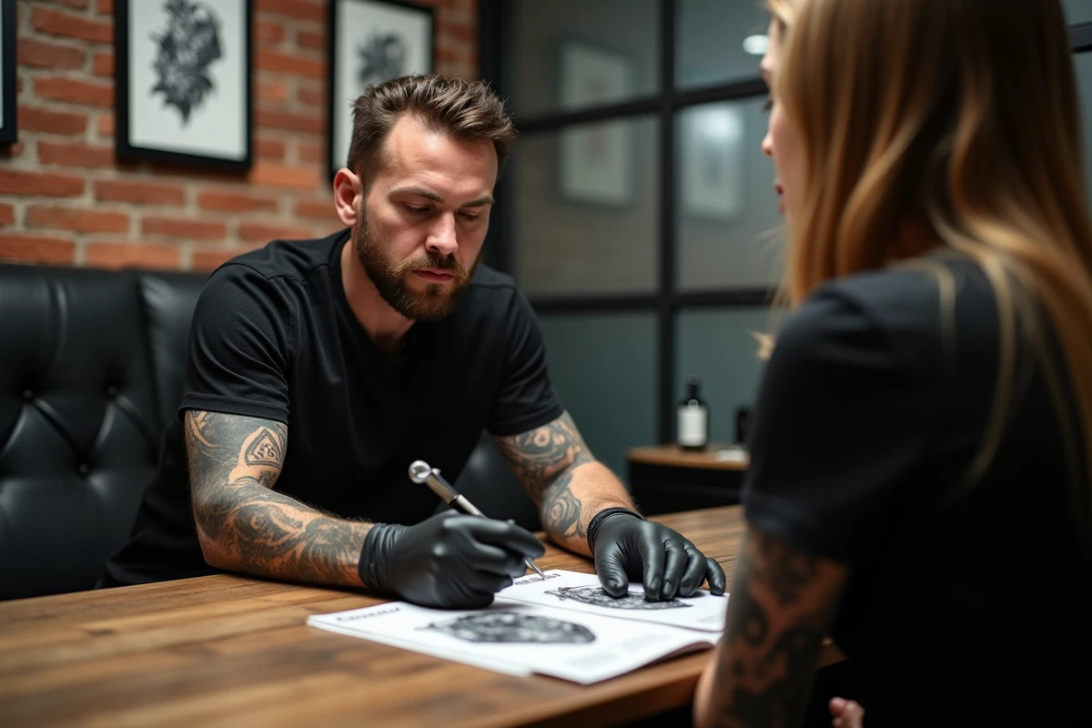 Tatoueur présentant un portfolio et discutant du prix d'un tatouage avec un client en consultation