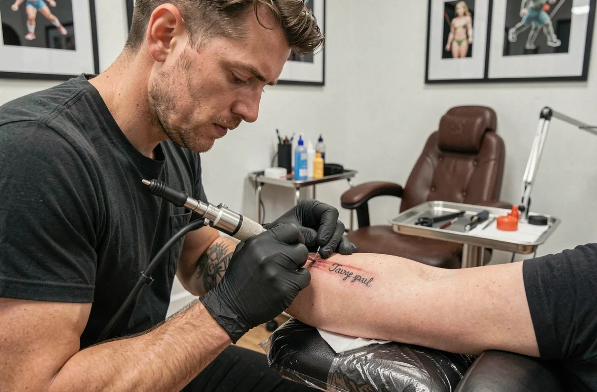 Tatoueur professionnel réalisant un tatouage de prénom sur le dos de la main d'un client en studio