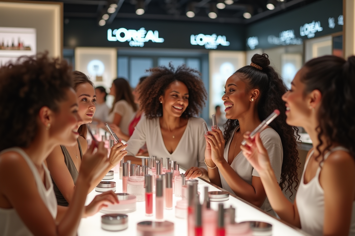Groupe de personnes testant des produits de beauté dans un magasin