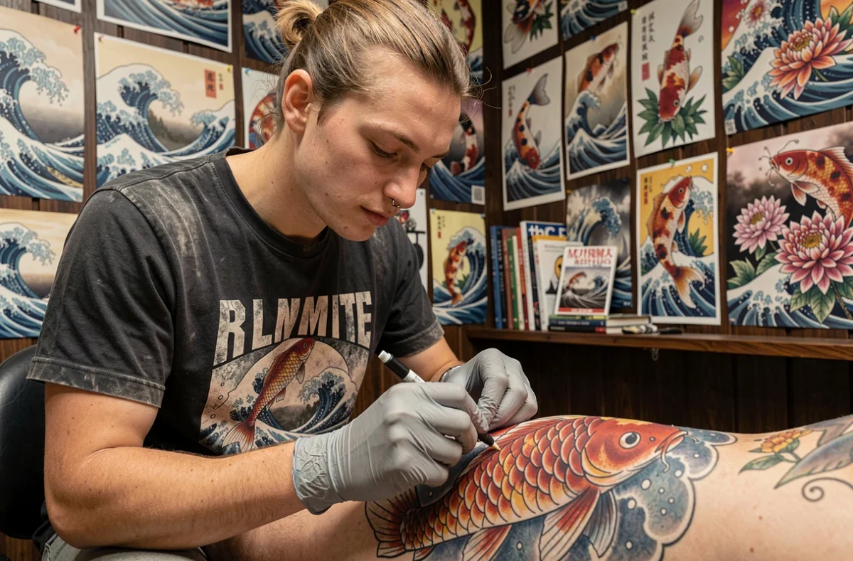 Tatoueur de Tim Ink Tattoo à Saint-Avertin réalisant un tatouage japonais de carpe koï colorée sur la cuisse d'un client dans un studio aux murs couverts de flash traditionnels