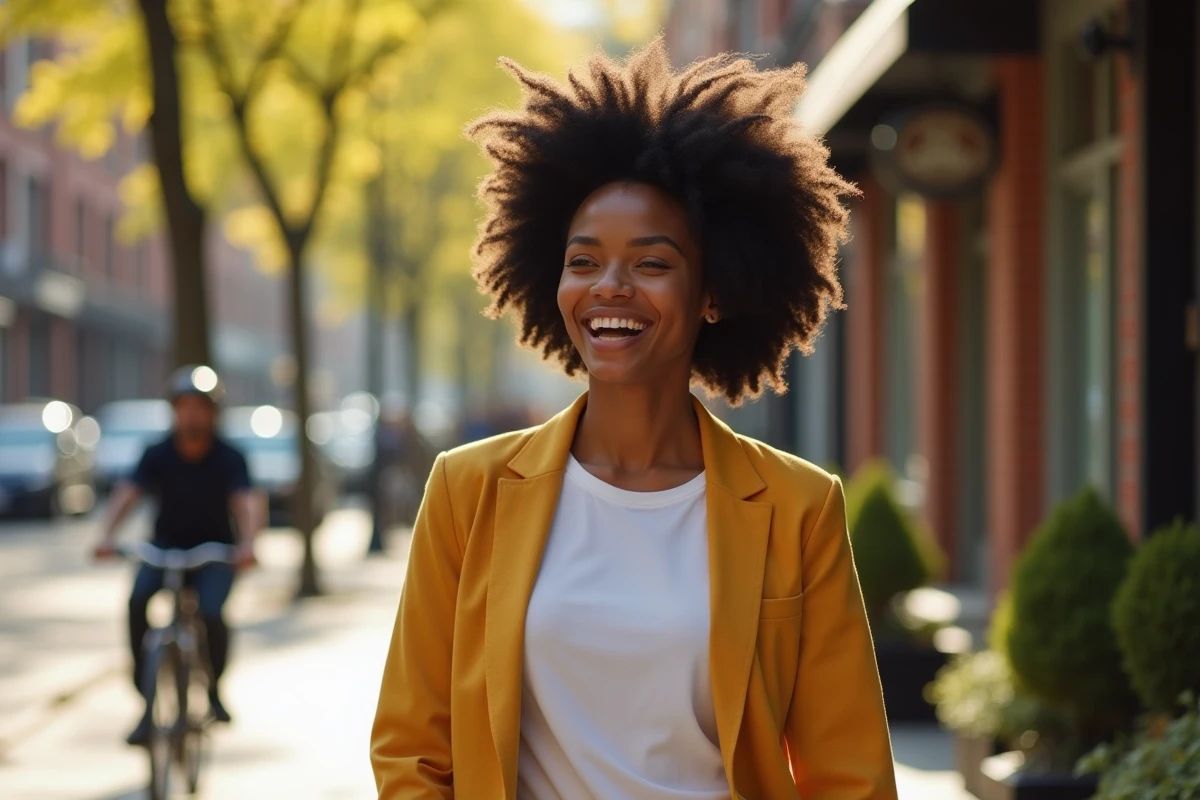 Femme avec un twist out naturel et volumineux en extérieur dans une rue urbaine, portant un blazer jaune moutarde, cheveux afro bien définis