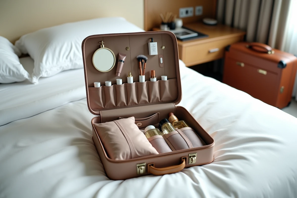 Vanity case ouverte et organisée posée sur un lit d'hôtel avec accessoires de voyage et bagages en arrière-plan